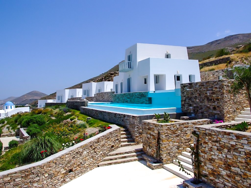 Rent Luxury Villa on the highest spot of a hill overlooking the Paros Port with pool and outstanding view.